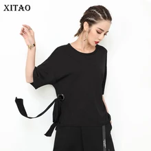 [XITAO] Европейская летняя Новинка, модные женские однотонные футболки с бантиком и бантиком, женские пуловеры с коротким рукавом и круглым вырезом, футболки LJT2602