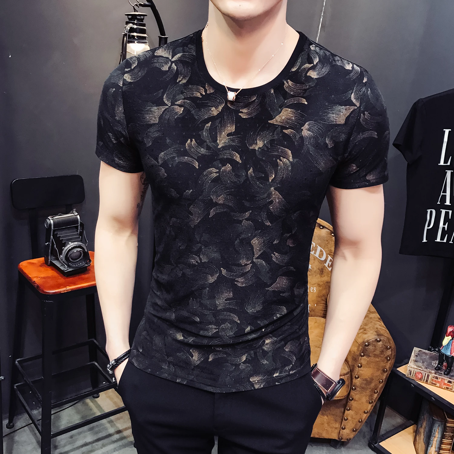 

2018 summer social guy printing short sleeve cultivate morality man short wave B333 man t843 P45