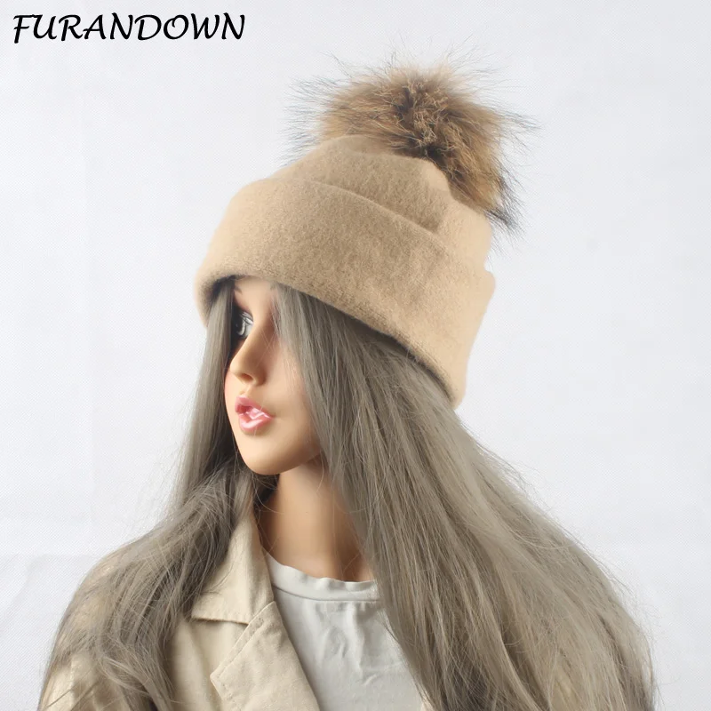 

2017 Spring Autumn Wool Beanies Hats For Women Real Raccoon Fur Caps Mink Fur Pompom Hat