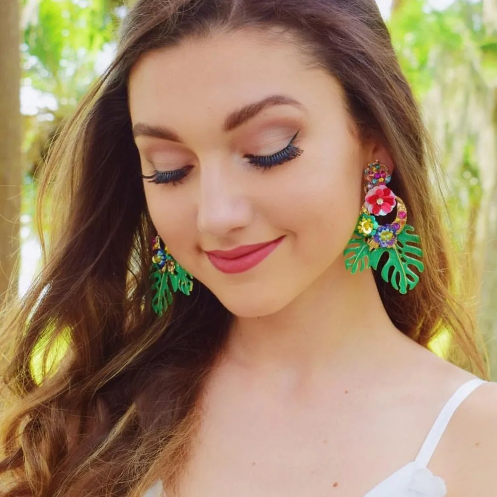 

Vedawas New arrival Enamel Leaf Earrings For Women Girls Cute Flowers Statement Big Earrings 2018 Hot Sale ZA Jewelry wholesale