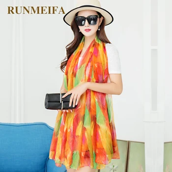 

[RUNMEIFA] Multicolor Leaves Printed Femmes Chiffon Scarves Women Scarf Shawl Long Stoles Spring Muffler Chiffon Infinity Scarf