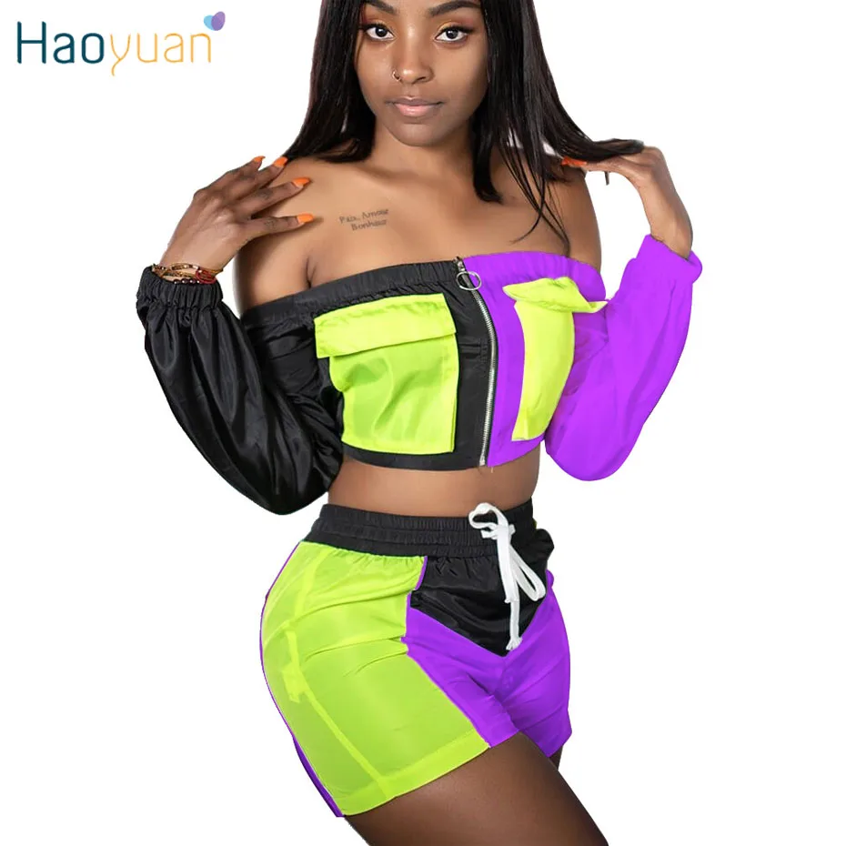 

HAOYUAN Neon Splice Two Piece Set Tracksuit Women Crop Tops and Biker Shorts Sweat Suits Sexy Club Outfits 2 Piece Matching Sets