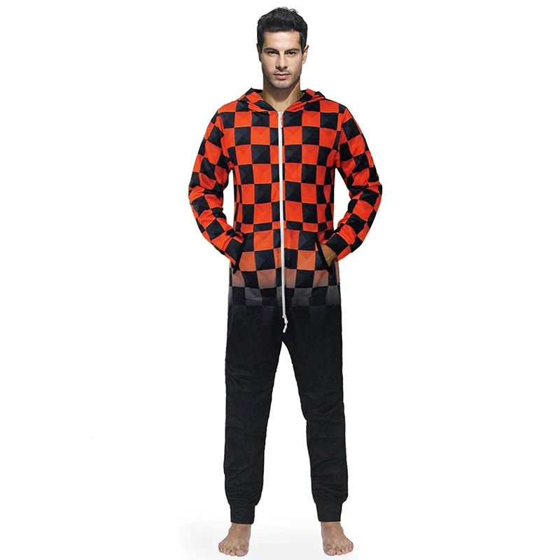 

New Arrival Pajamas Men Onesies Male Jumpsuits Casual Hooded Zipper Pocket Red And Black Plaid 3d Print Large Size Autumn Winter