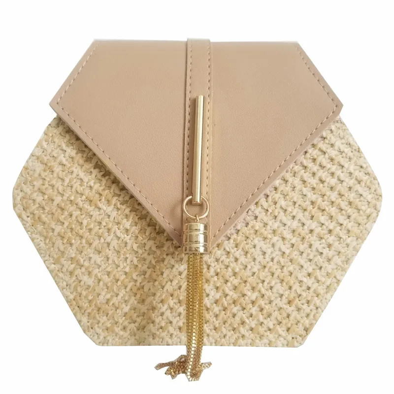 Шестиугольник Mulit стиль солома+ кожаная сумка женская летняя ротанговая сумка ручной работы тканая пляжная круглая богемная сумка на плечо Новая мода - Цвет: Хаки