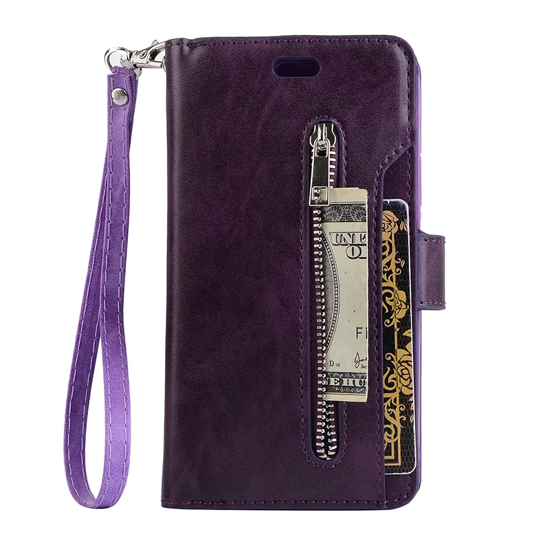 10 Держатель для карт бумажник с застежкой-молнией чехол для samsung Galaxy Note 10 10+ 9 8 S10E S10 S9 S8 плюс S7 A5 A7 кожаный чехол-портмоне с откидной крышкой Coque - Цвет: Фиолетовый