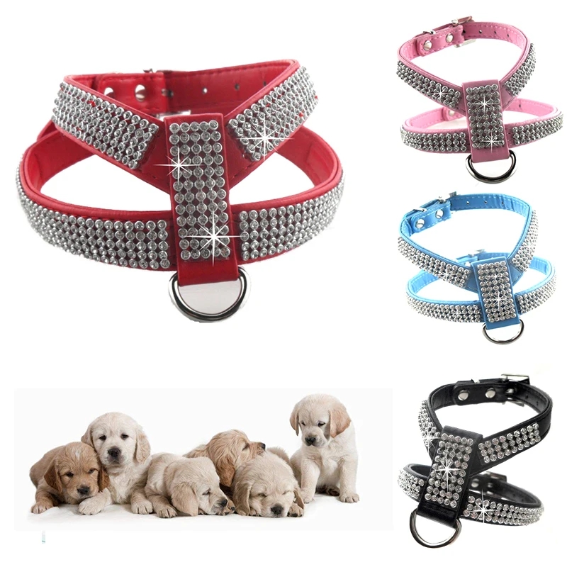 Harnais En Cuir Pu Pour Chien, 4 Tailles, Strass, Collier Confortable Pour Animaux De Compagnie