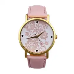 5001 Новый модный стиль часы Для женщин круглый кружева печатных Искусственная кожа кварцевые аналоговые платье наручные часы
