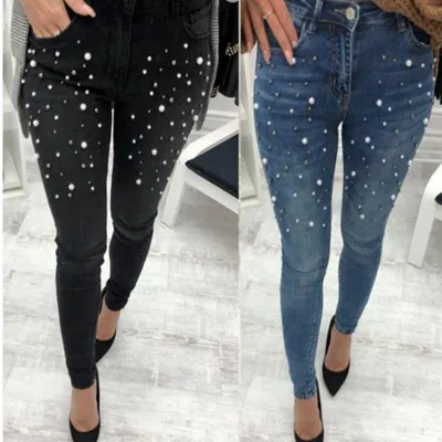 2018 модные Бисер джинсы для Для женщин узкие брюки-карандаш плюс Размеры Bodycon джинсы длинные брюки