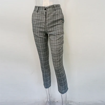 JuneLove весенние повседневные клетчатые прямые штаны, винтажные женские штаны на молнии длиной до щиколотки, офисные женские штаны с высокой талией - Цвет: Gray