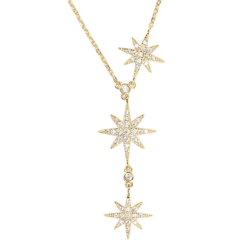 

Female Elegant 14k Gold Plated 925 Sterling Silver With CZ Paved Triple Starburst Pendant Necklace Engagement wedding necklace