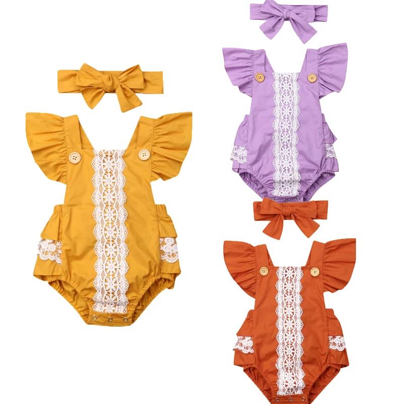 Newborn Baby Girl Lace Ruffle Jumpsuit Headband 2pcs Short Sleeve Print