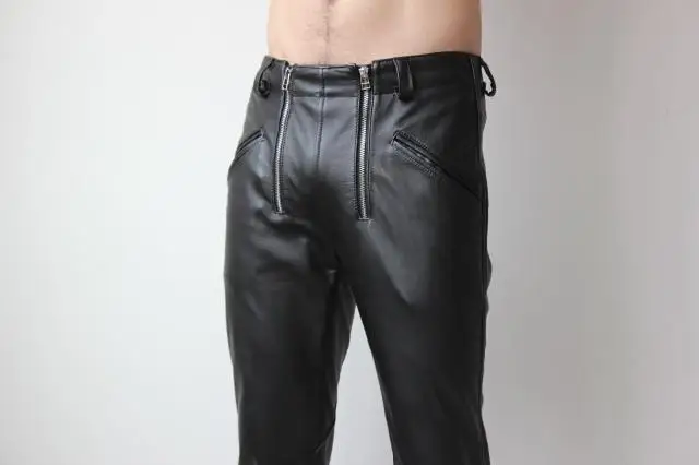 28 37! Мужская одежда брюки из натуральной кожи с двойной молнией|genuine leather pants|double