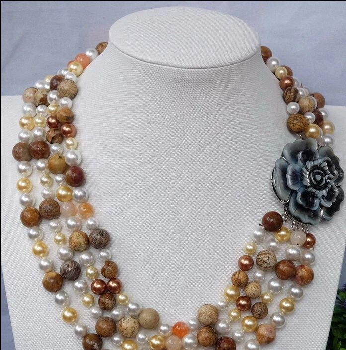 

Jewelr 006196 4strds Fossilized Sponge Coral& sea shell pearl necklace