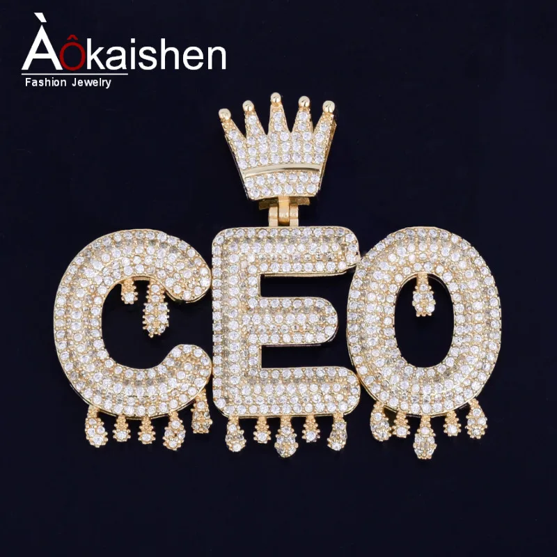 

Custom Name Gold Crown Bail Drip Initials Bubble Letters Chain Pendant Necklaces For Men Women Cubic Zircon Hip Hop Jewelry