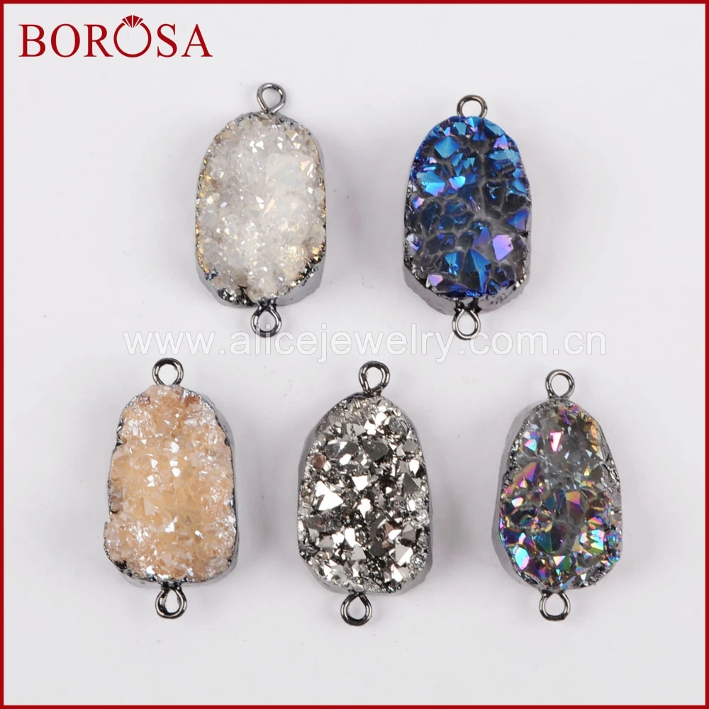 

BOROSA 10PCS New Gun Black Color Rainbow Titanium Druzy Connectors Gems Agates Drusy Double Charms for Necklace Jewelry B1036