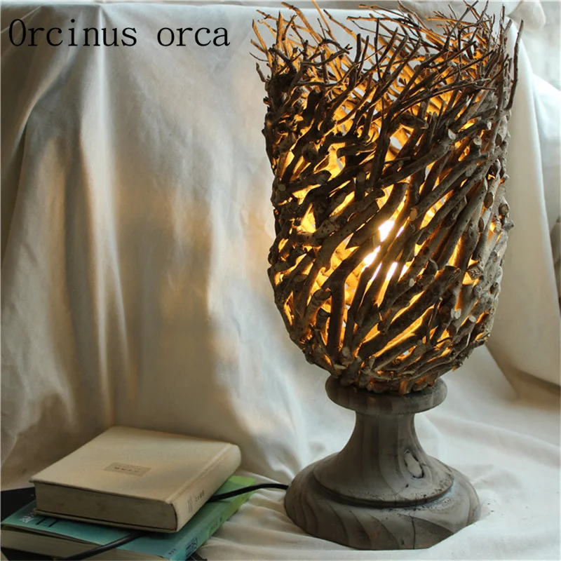 

American country hand woven desk lamp dining room bedroom French garden style wooden desk lamp free shipping