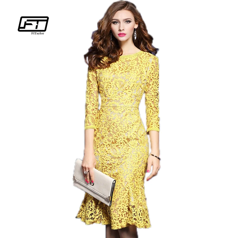 Fitaylor 2017 New Spring Lace Three Quarter Sleeve Slim Fishtail Party Dress Woman