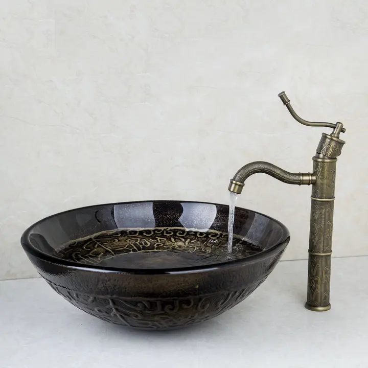 Antique Brass Kitchen Swivel Tap+Bathroom Sink Washbasin Tempered Glass Hand-Painted Lavatory Combine Set Torneira Mixer Faucet