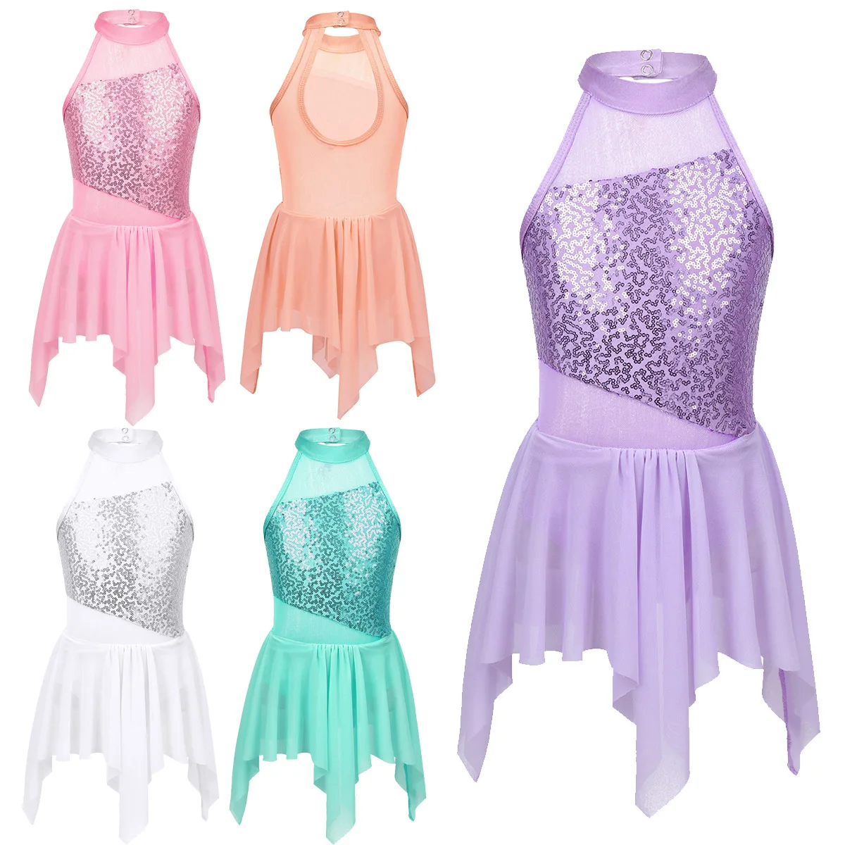 iixpin Kids Girls Sequins Figure Ice Skating Dance Tutu Dress Stage Performance Mesh Skirt with Hair Clips Set