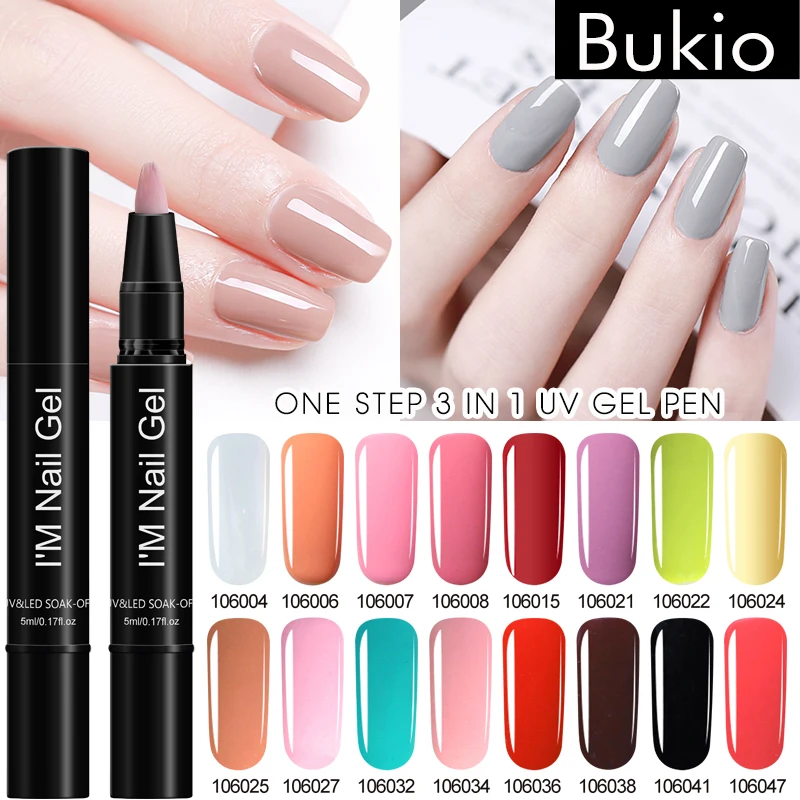 

Bukio New One Step Gel Nail Polish Pen 3 In 1 Soak Off UV LED Nail Varnish Brush Pen Nails Art Design No Need Base Top Coat