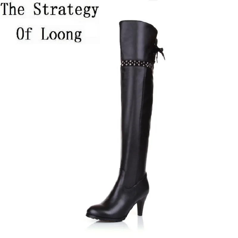 Женские высокие сапоги на шнуровке на высоком тонком каблуке сезон осень-зима кожаные ботфорты выше колена с натуральным лицевым покрытием с заклепками размер 34–45