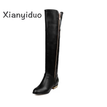 Xianyiduo/зимняя женская обувь из натуральной кожи черные ботфорты до бедра на молнии на низком каблуке с круглым носком, большие размеры 40-43/dx01