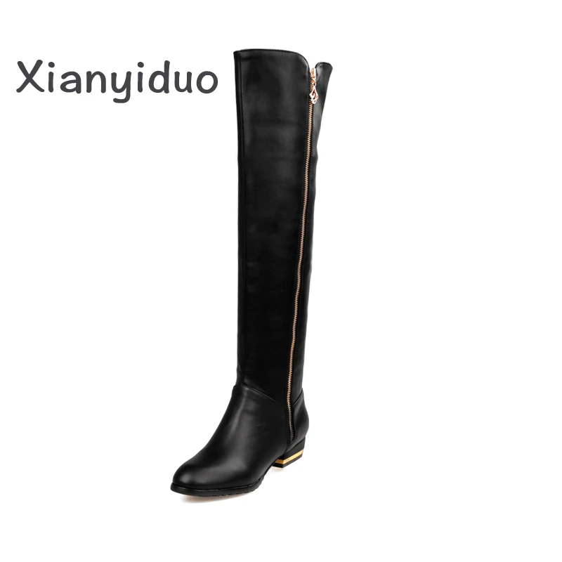 Xianyiduo/зимняя женская обувь из натуральной кожи черные ботфорты на молнии низком