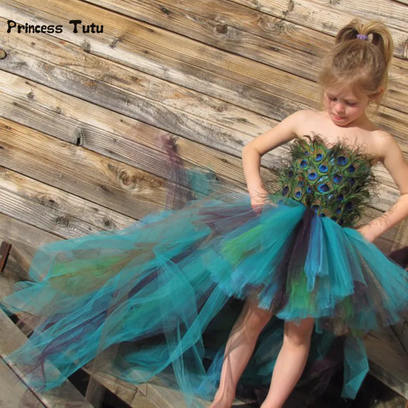 Платье-пачка для девочек с натуральными перьями павлина; вечернее платье ручной работы с открытыми плечами; детское платье для девочек; праздничное платье для дня рождения; фотосессии