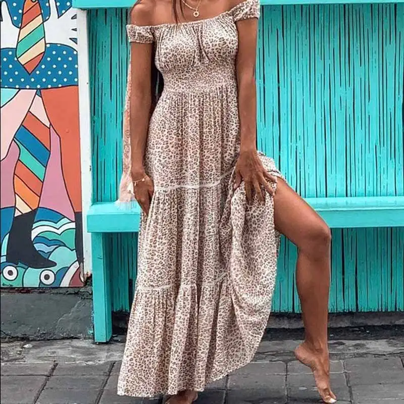

Jastie Boho Sexy Off the Shoulder Dress Short Sleeve Summer Dresses Leopard Print Women Dress A-Line Casual Long Beach Dresses