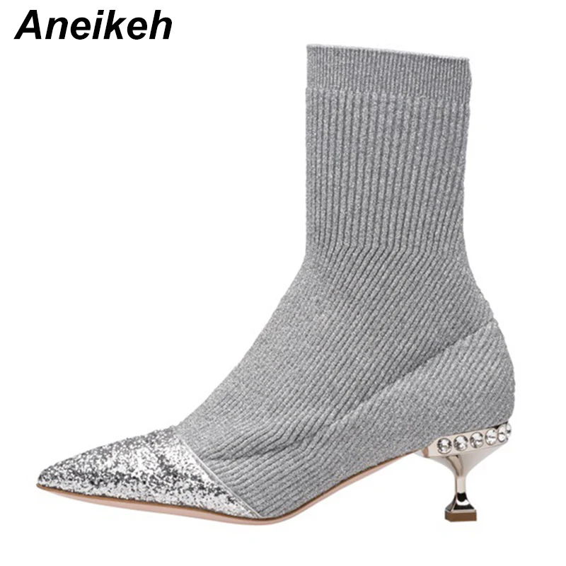 

Aneikeh New 2018 Sexy Stiletto Sock Booties Stretch Fabric Pointed Toe Crystal Ankle Boots Women Pumps Bootas Mujer Black silve