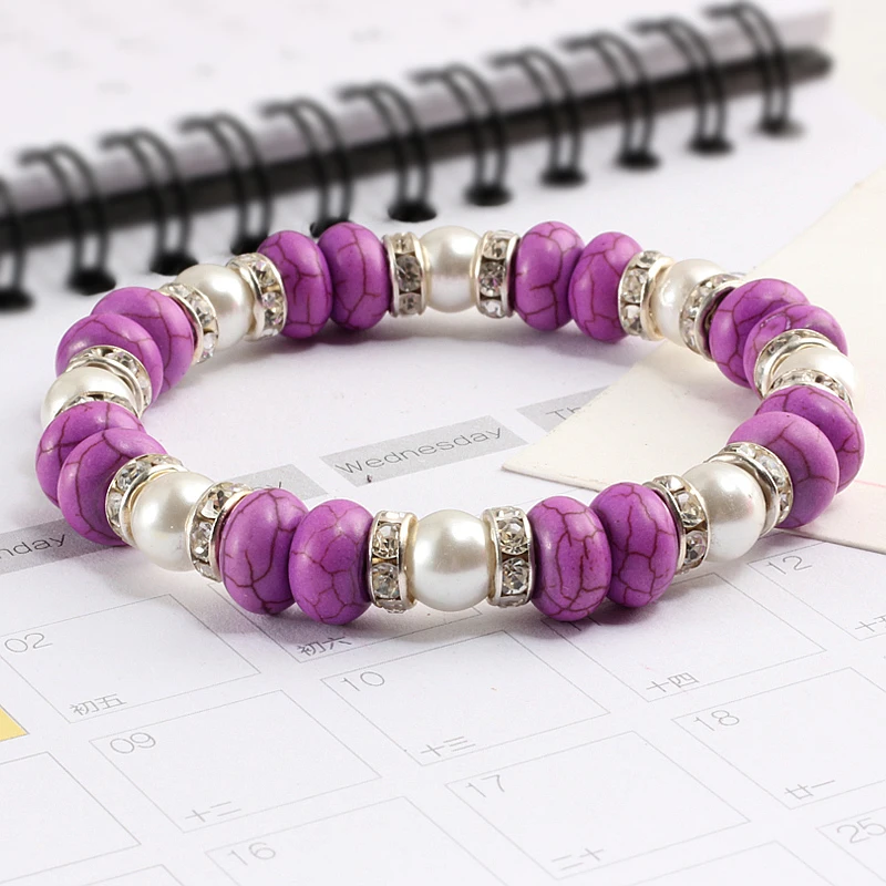 Charm Women Pink Beads Bracelets Pearl Natural Stone With Zircon Fashion Elastic Rope Strand Bracelet Handmade Yoga Jewelry Gift