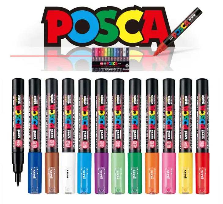1 шт., UNI Posca маркеры 0,9 мм-1,3 мм, 17 цветов, PC-3M, базовый маркер для постеров, рекламных граффити, офисные принадлежности