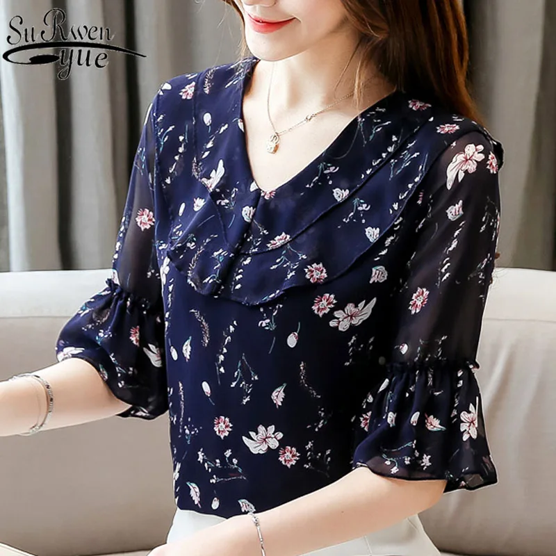 

Fashion womens tops and blouses 2019 ladies tops chiffon blouse floral print Ruffles short sleeve short blusas plus size 4565 50