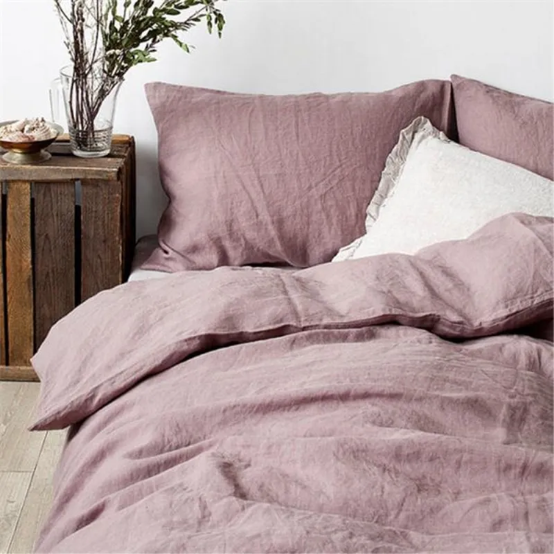 

Set of 4 Pre stone washed 100% Natural Linen grey purple bedding set 1 duvet cover + 2 pillowcases + 1fitted sheet