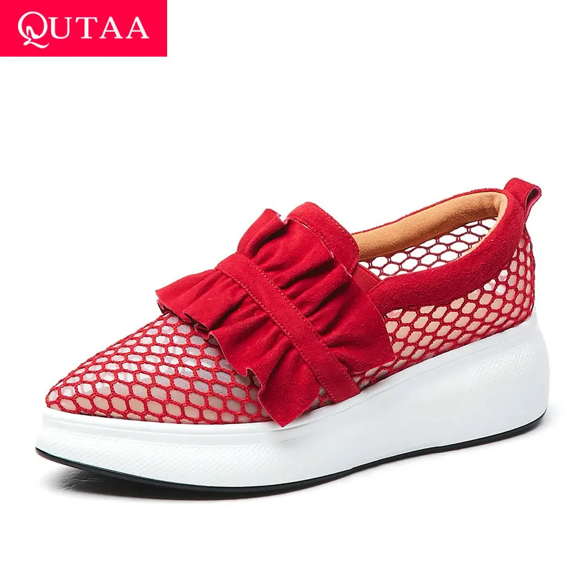 

QUTAA 2019 Women Shoes Ruffles Pointed Toe Platform Cut Outs Mesh Genuine Leather Spring Summer Ladies Single Shoes Size 34-39