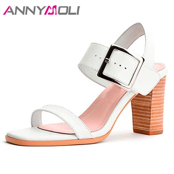 

ANNYMOLI Genuine Leather Shoes Women High Heel Sandals Thick Heel Sandals Buckle Open Toe Footwear Cow Leather Party Shoes White