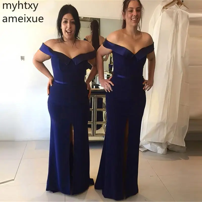 New Navy Blue Mermaid 2021 Prom Dresses Long Boat Neck Plus Size Shoulder Split Elastic Satin Simple Evening Gown Robe De Soiree | Свадьбы и