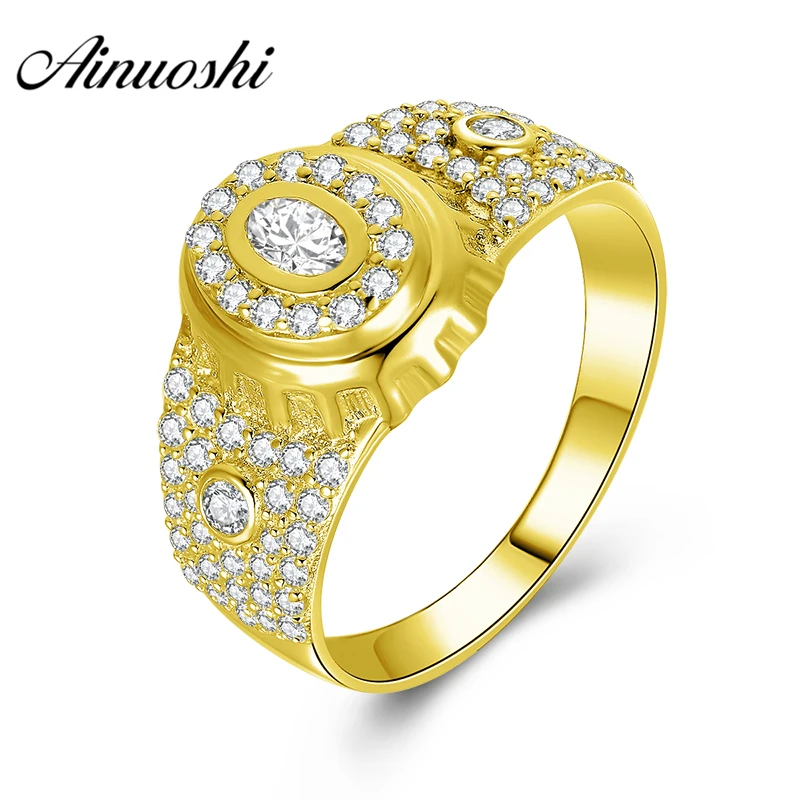 

AINUOSHI Luxury 10K Solid Yellow Gold Men Ring 5.2g Wedding Band Rows Drill Halo Ring Wedding Engagement Gold Jewelry Men Band