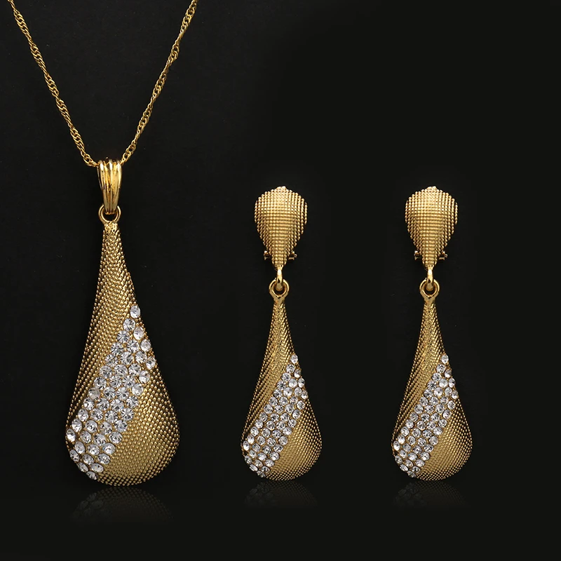 

Fashion dubai Jewelry Sets For Women crystal Water Drop Necklace Pendant Earrings Statement Bridal Wedding Party Gift