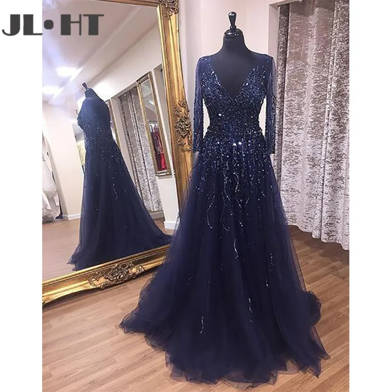 

Gorgeous Evening Dresses With Beading Long A-Line V-Neck Long Sleeves Sweep Train Tulle Evening Dress Custom Made