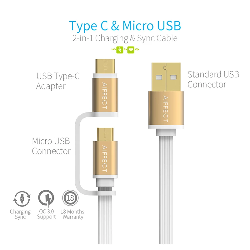 AIFFECT Уникальный 2 в 1 Тип usb C кабель/Тип-c Micro USB устройство чтения карт 3 предмета в комплекте для Galaxy S7 Примечание 7 HTC Meizu Android 1 M Быстрая Зарядка универсальная