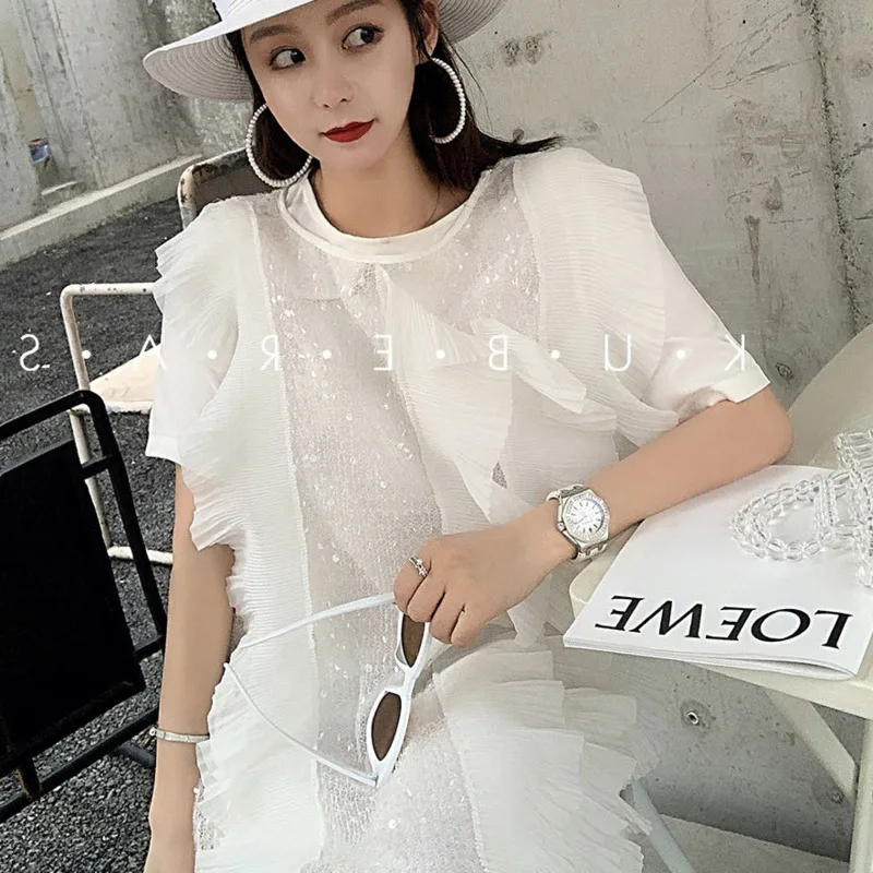 

LANMREM 2019 New Summer Thin Styles Fashion Women Clothes Round Neck Ruffles Half Sleeves Sequins White Dresses WG35300L