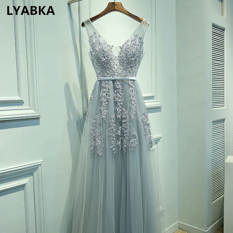 Сексуальное вечернее платье с v-образным вырезом, Robe De Soiree, высокое качество, Серый Тюль, вечерние платья с аппликацией, настоящая фотография, vestido de festa - Цвет: gray