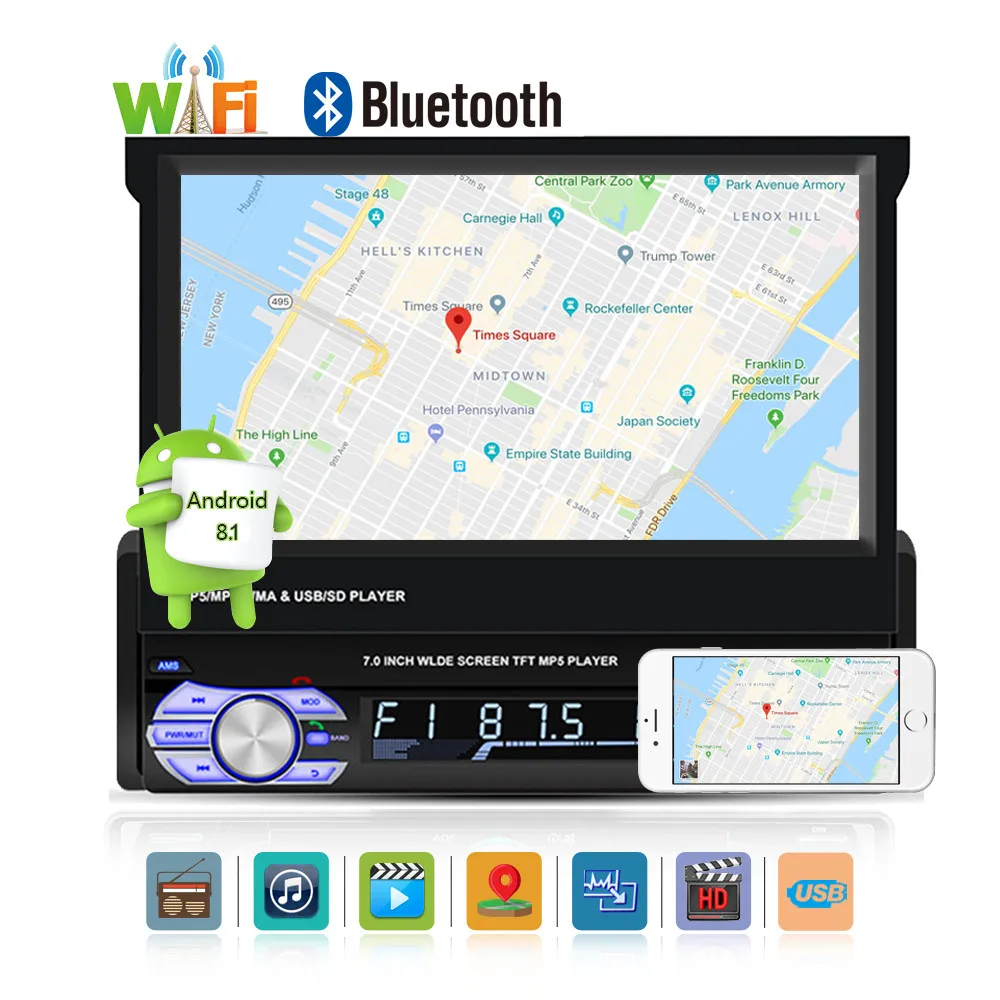 Top Android 9.1 Quad Core Flip Car Stereo Radio 2Din 7" Touch Screen Car GPS Navigation WIFI BT SWC RDS DVR DAB MirrorLink 0