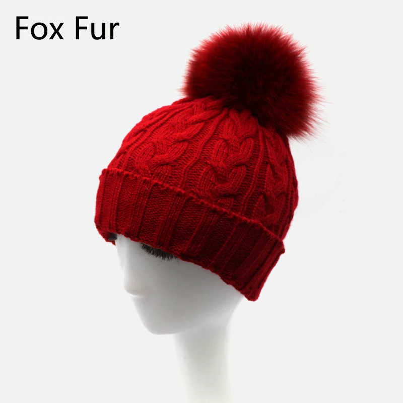 

real Fox Fur Hat Women Winter fur pompom hats wool knitted beanie warm cap 2016 Hot Sale