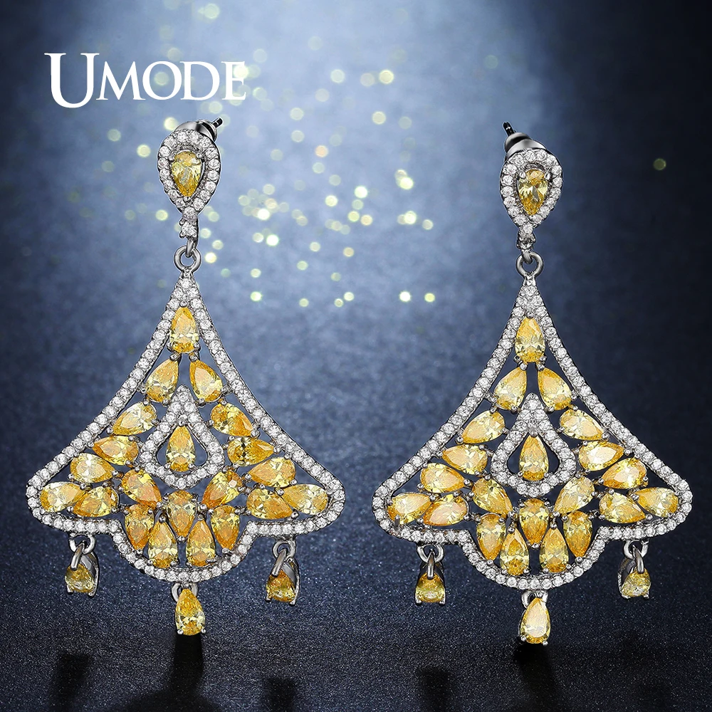 

UMODE Brand Vintage Bohemia Yellow Teardrop CZ Crystal Long Dangling Engagement Earrings for Women Wedding Bridal Jewelry UE0266