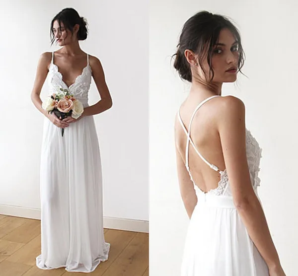 

2019 Newest Boho Simple Wedding Dresses Lace Chiffon Floor Length Backless Bridal Dresses Beach Bohemian Bridal Gown Sexy X-Back