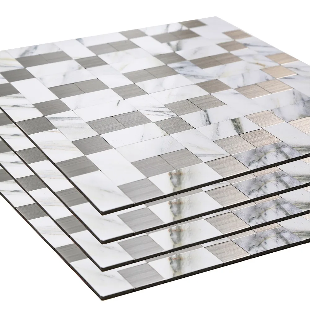 

Wholesale 4MM Peel and Stick Metal Mosaic Wall Tiles For Bathroom 12 Inch DIY Marble Design Toilet Wall Sticker Easy to Clean