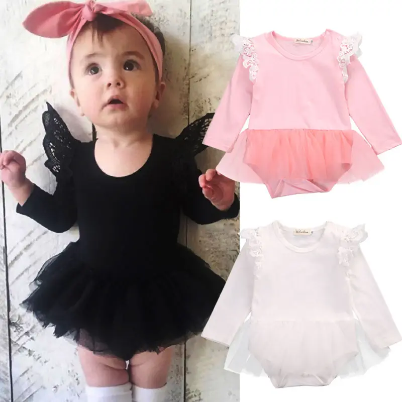 Cute Newborn Baby Girl Lace Long Sleeve Fly Sleeve Bodysuit Lace Tulle