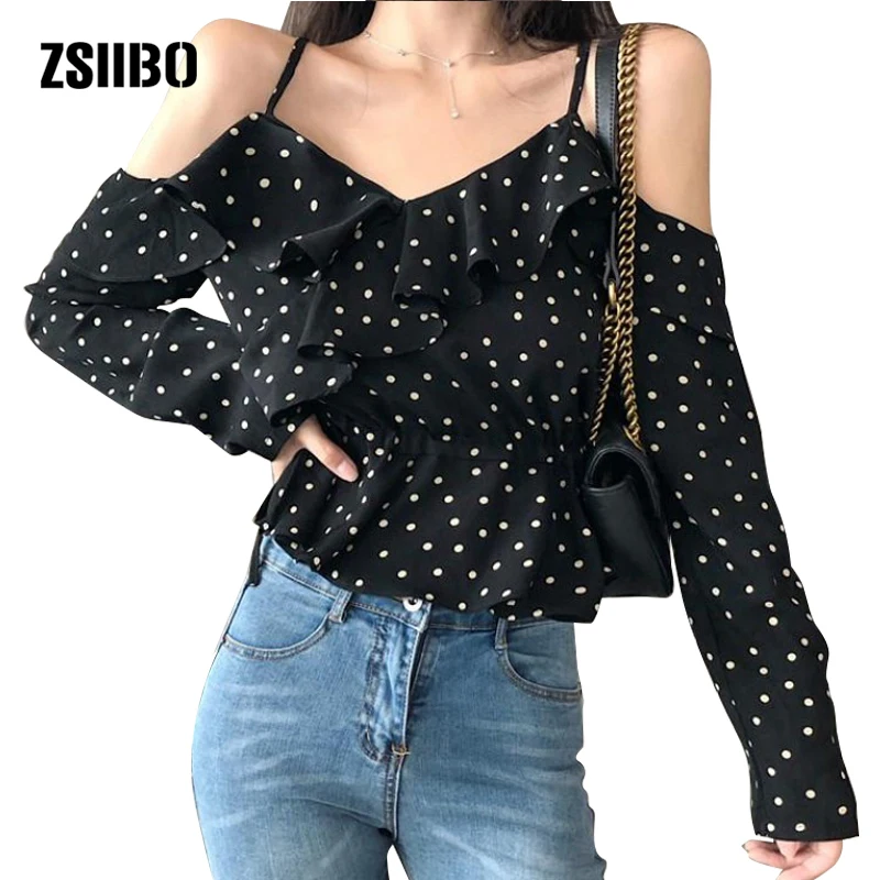 

Blouses new fashion Polka Dot sexy strapless female autumn long-sleeved Ruffles chiffon Bohemian Short Sweet Blouses shirt